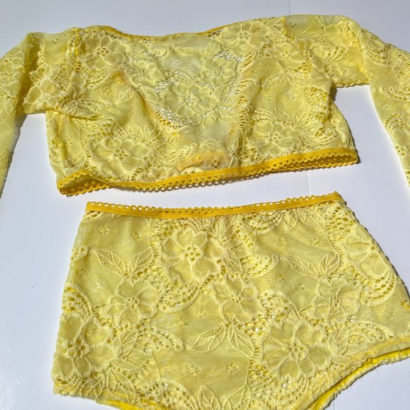 Nadhenri&co Two Tone Yellow Lace Lingerie Set Long Sleeve and High Waised Bottom - Picture 3 of 10
